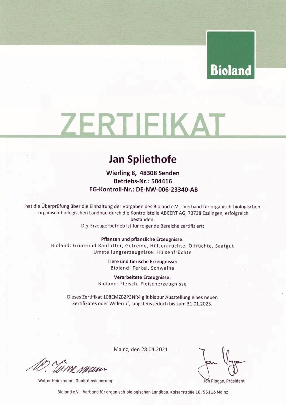 bioland Zertifikat